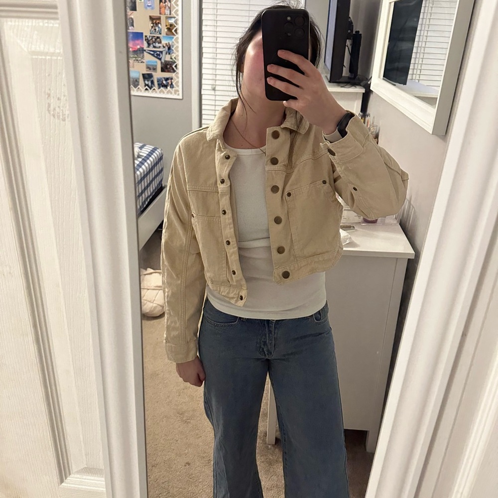 Urban Outfitters Cream Cropped Jean Jacket